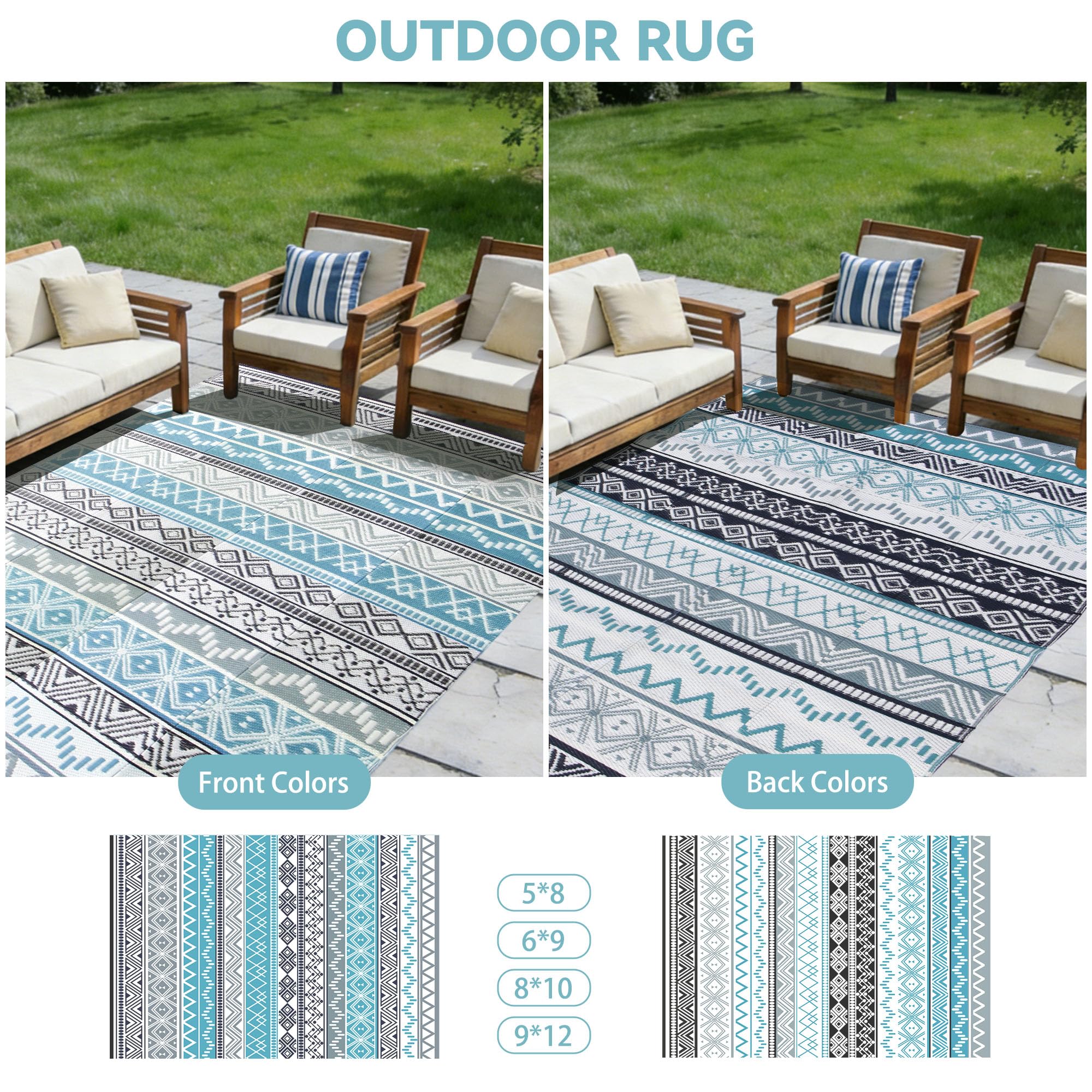 Strickland Home Outdoor Rug 6'x9' Blue & Grey folded with carrying bag