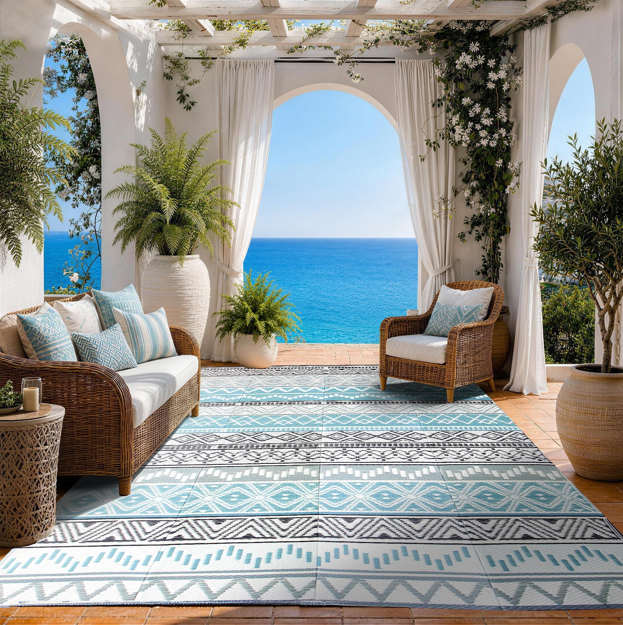 Strickland Home Outdoor Rug 8'x10' in blue and grey pattern, front view