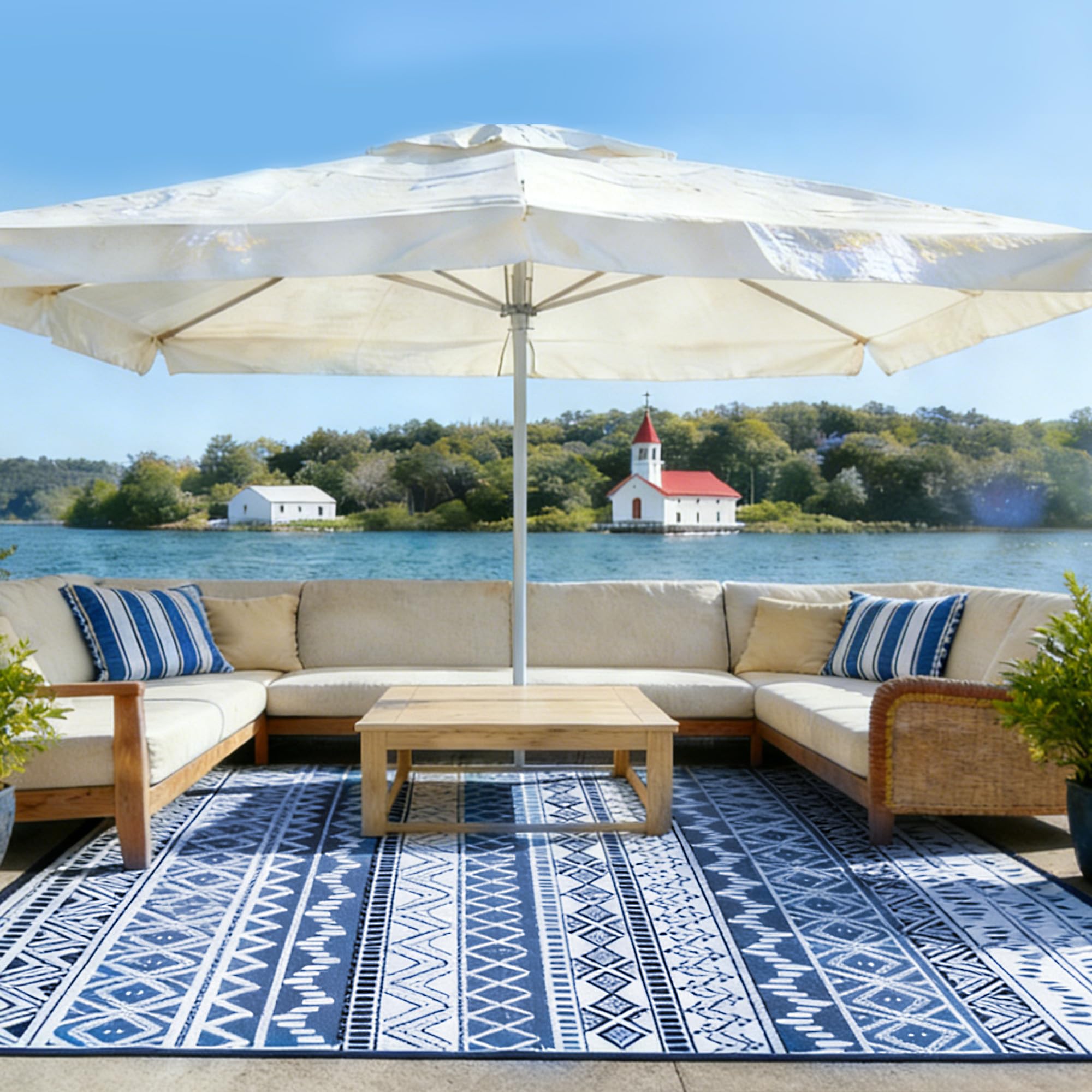 Strickland Home Outdoor Rug 9'x12' layout on deck