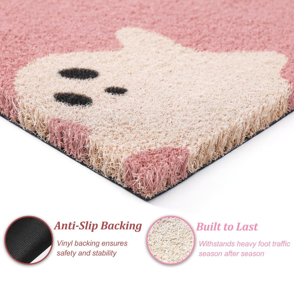 Striped rug in pink and white, part of the Halloween doormat set