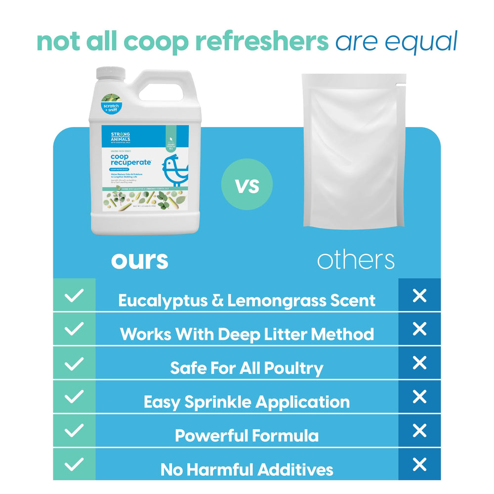 Strong Animals Coop Refresher jugs on a wooden surface