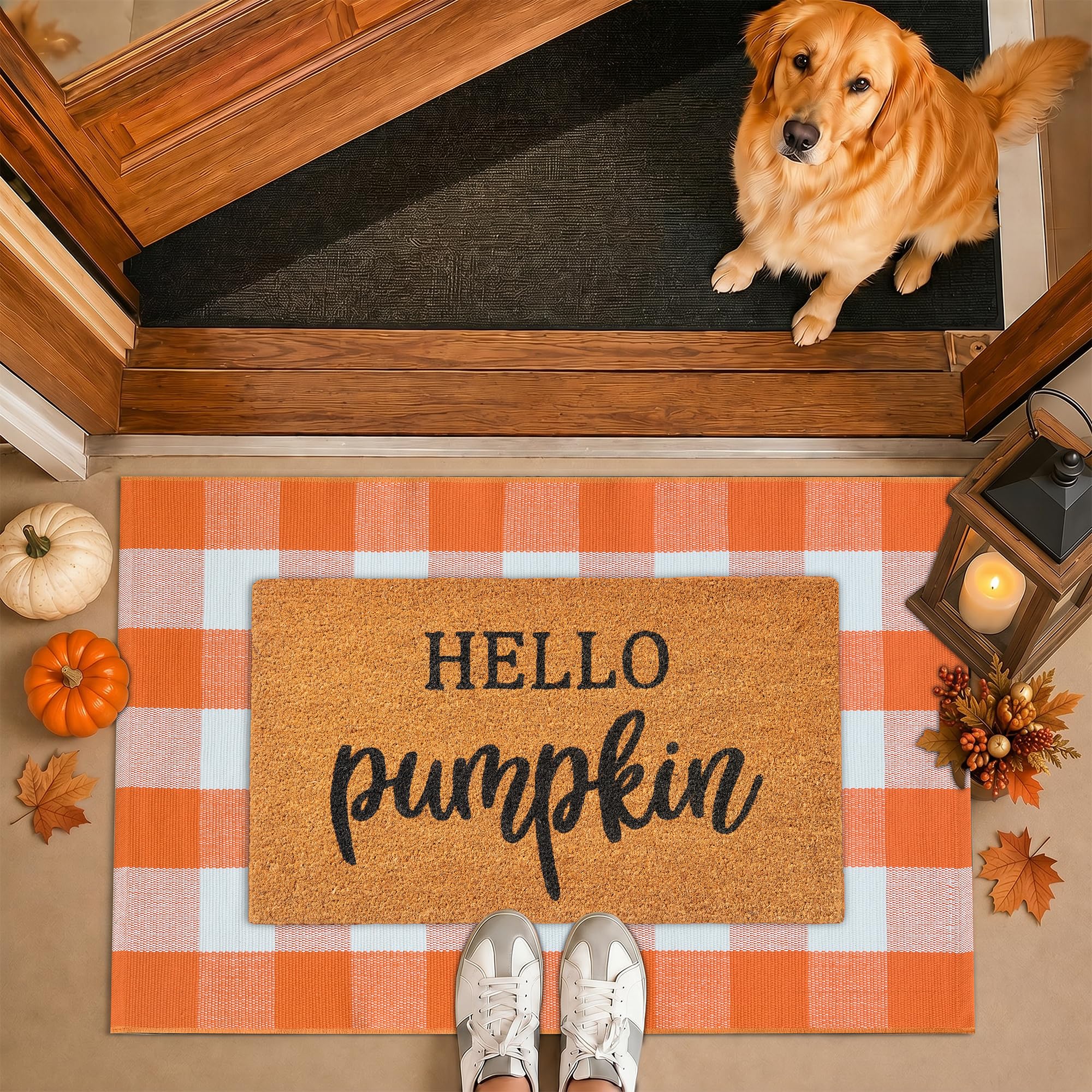 Stylish fall decor with the plaid rug and welcome mat