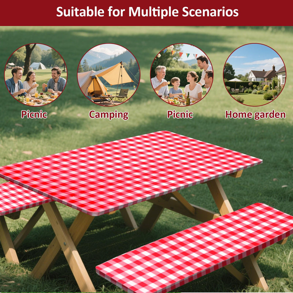 Stylish red-white checkered picnic table cover in use