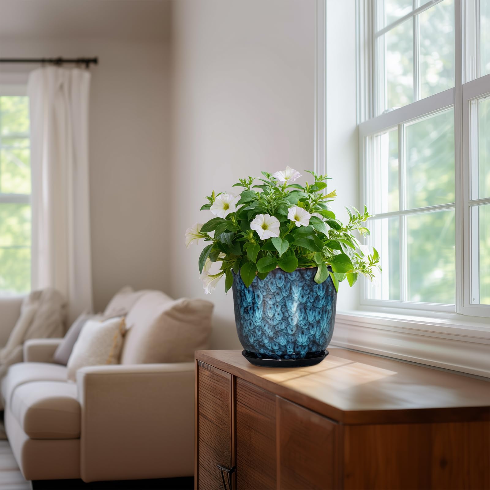 Stylish SUNPOTFOR ceramic planter on a living room shelf
