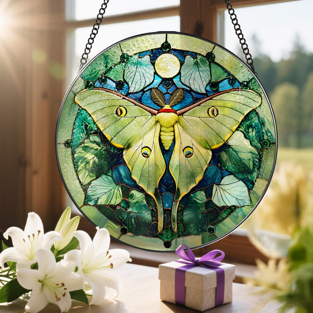 Suction hook included with Luna Moth Suncatcher