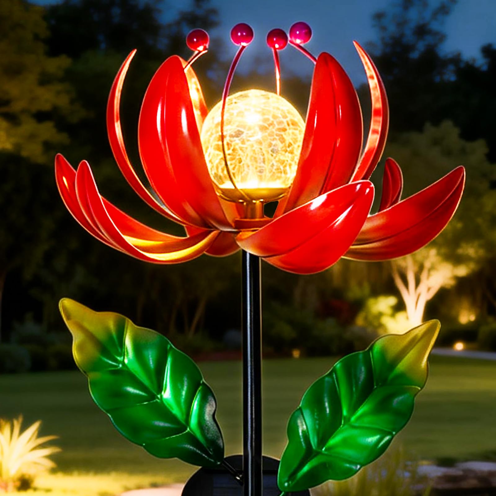 SUCUY solar wind spinner with red lotus flower design front view