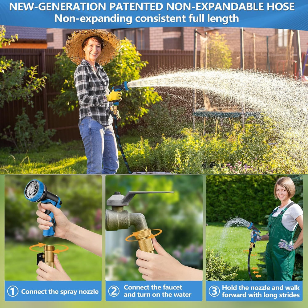 Suewaxxf garden hose and nozzle set on a patio surface