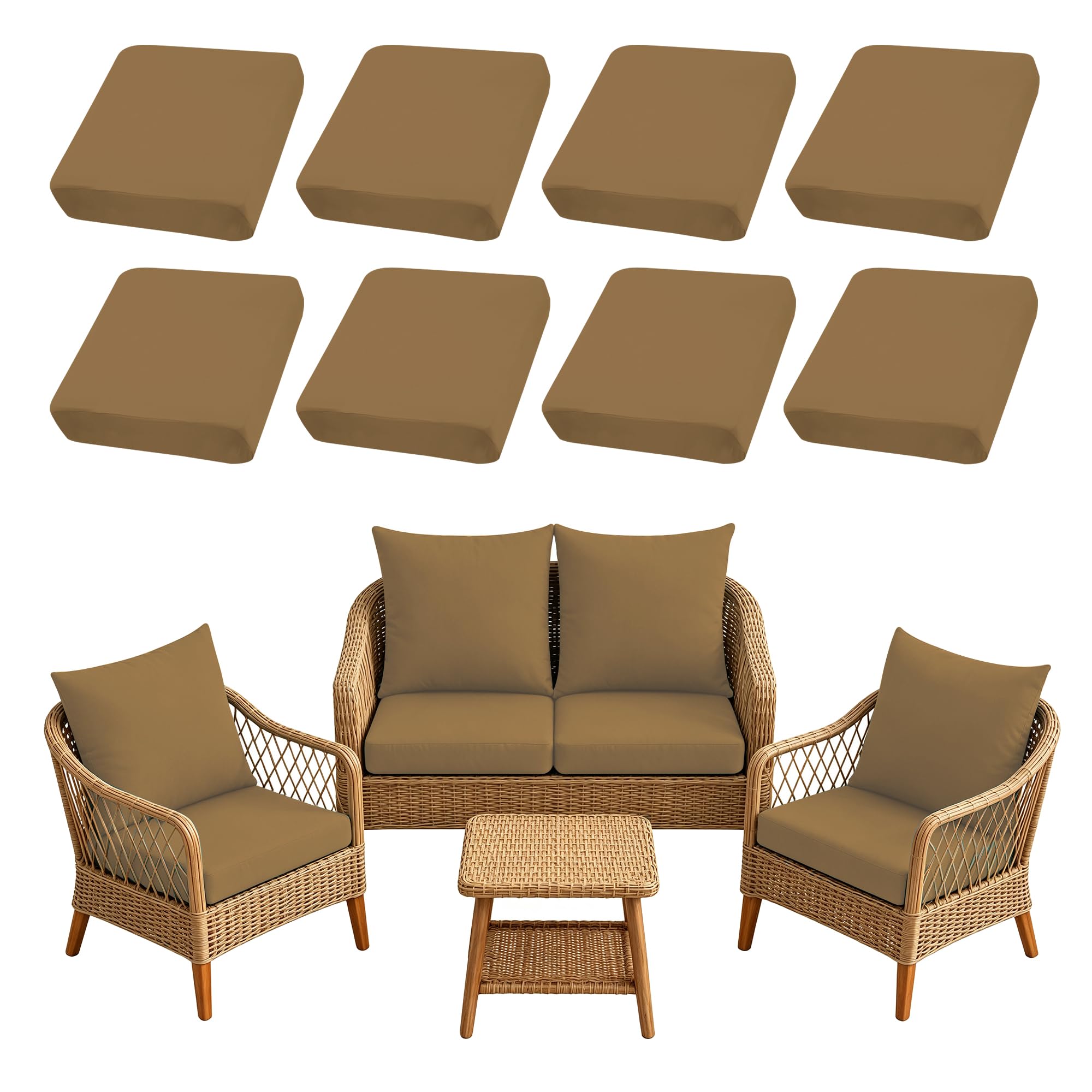 SUKAIKEQA 8PCS Patio Cushion Covers in Camel, front view