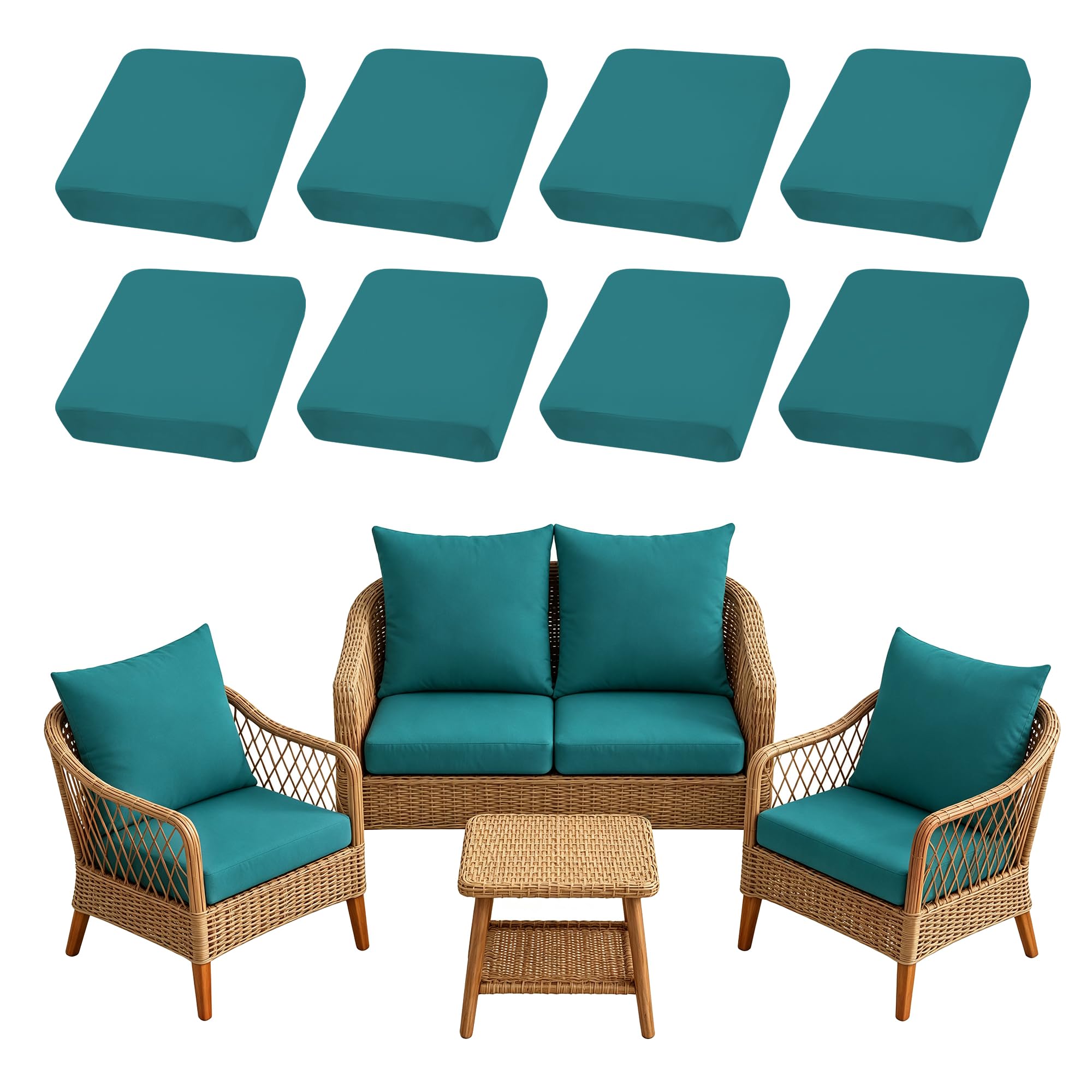 SUKAIKEQA 8PCS Patio Cushion Covers in Peacock Blue front view