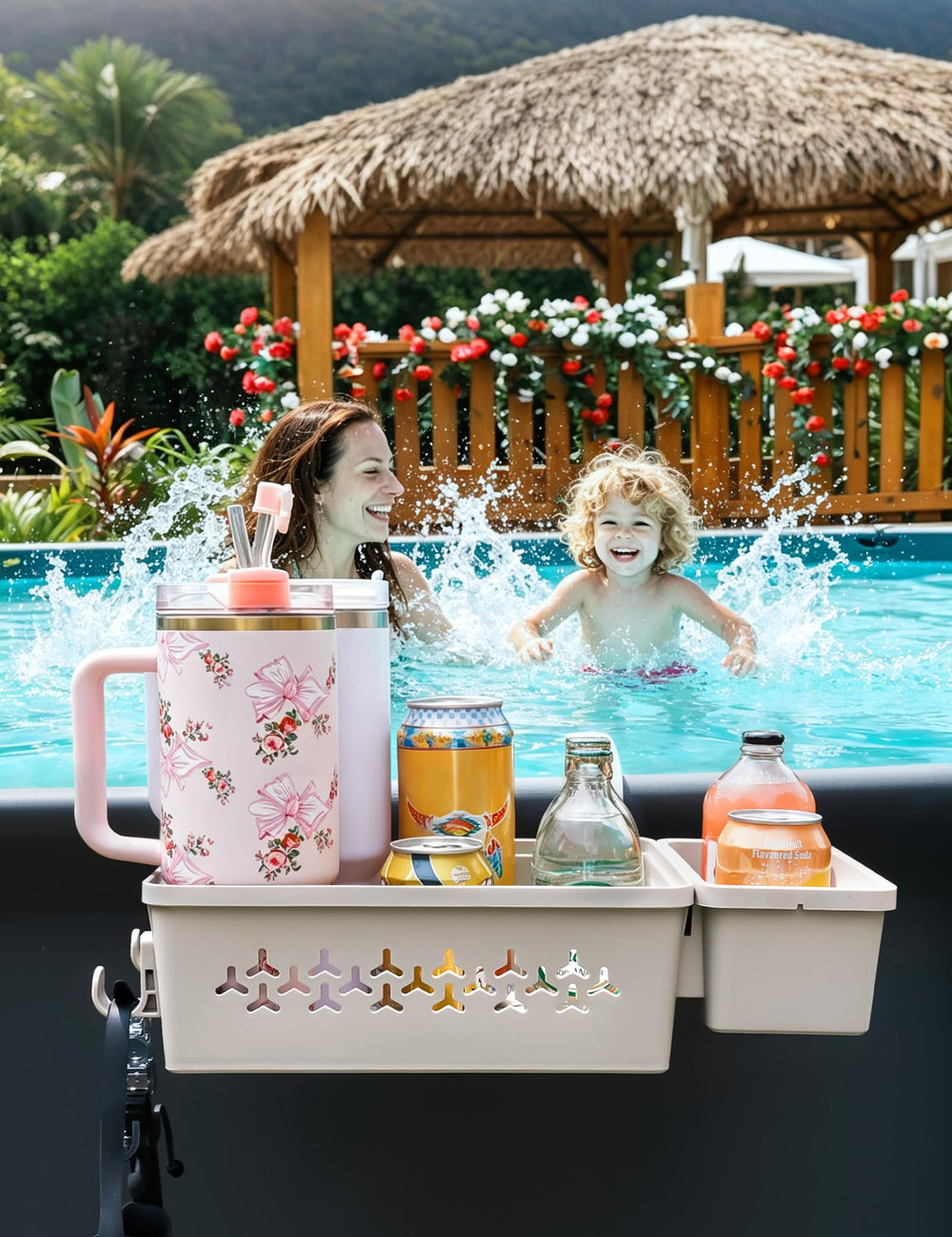 SUMMERBUDDY Poolside Storage Basket in use by pool