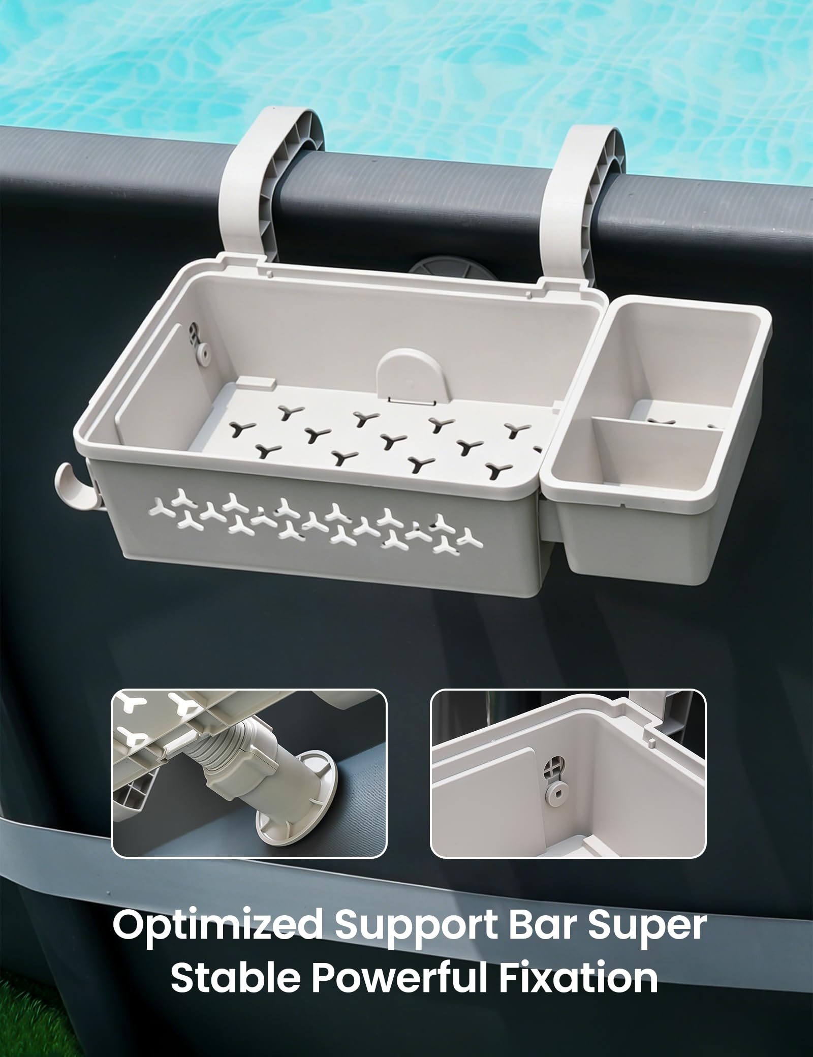 SUMMERBUDDY Poolside Storage Basket on pool top rail