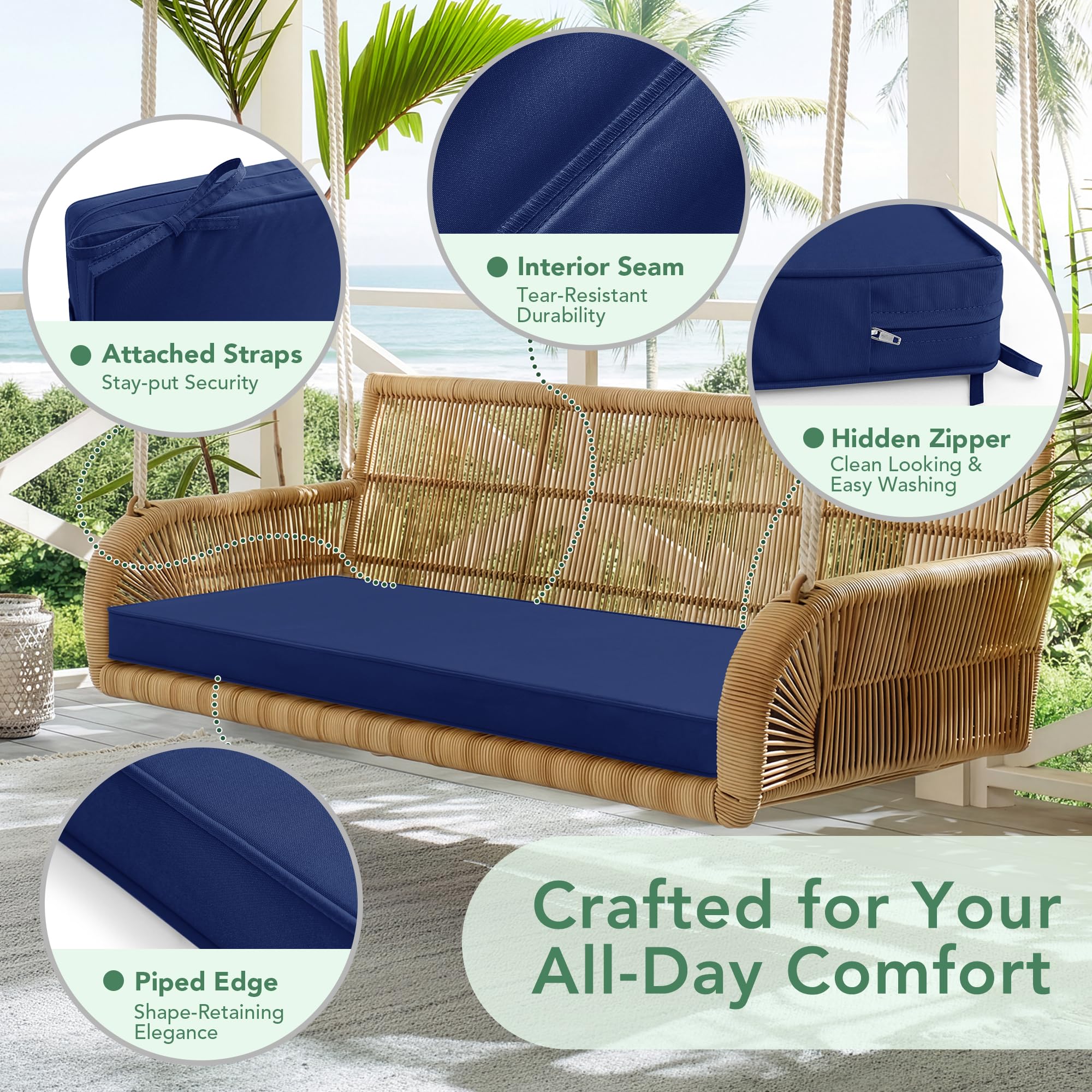 Summsun Cushion displayed on a porch swing