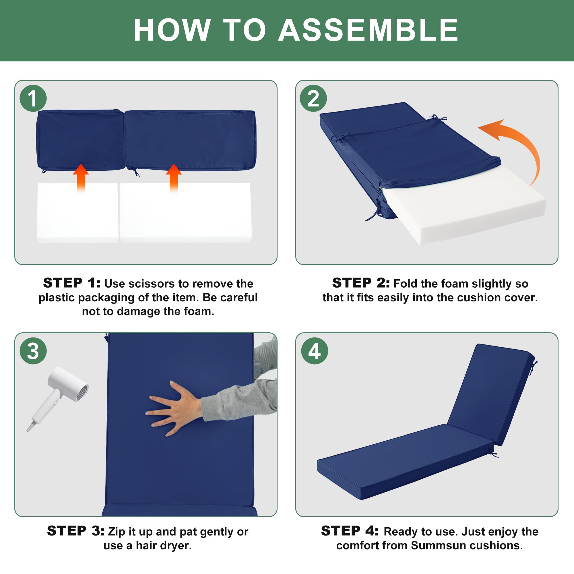 Summsun Outdoor Chaise Lounge Cushion Navy with removable cover