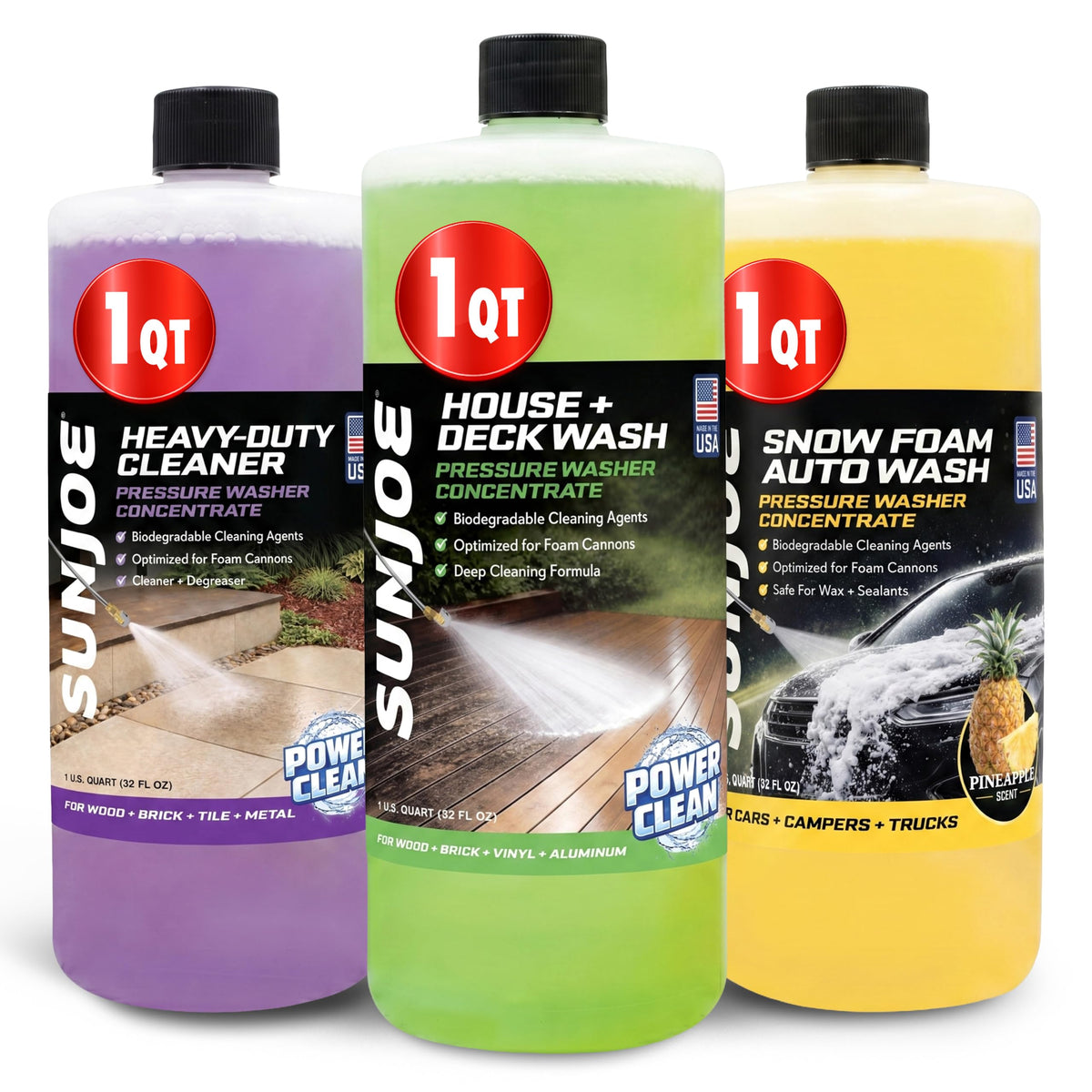 Sun Joe 3-Pack Pressure Washer Concentrate bottles with labels