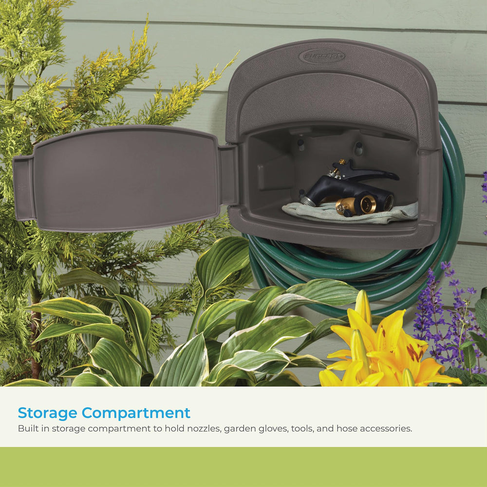 Suncast Hose Hanger with garden hose coiled neatly