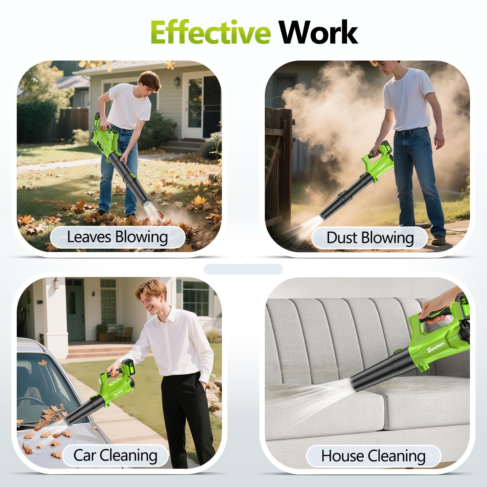sunchers cordless leaf blower with ergonomic handle close-up
