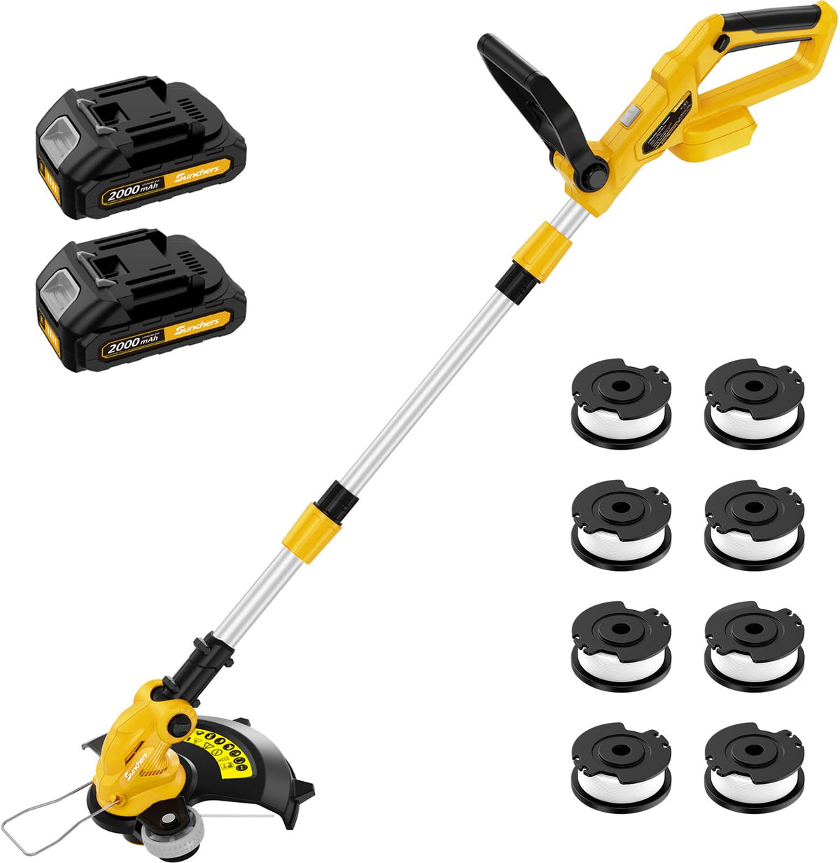 sunchers cordless string trimmer front view, yellow