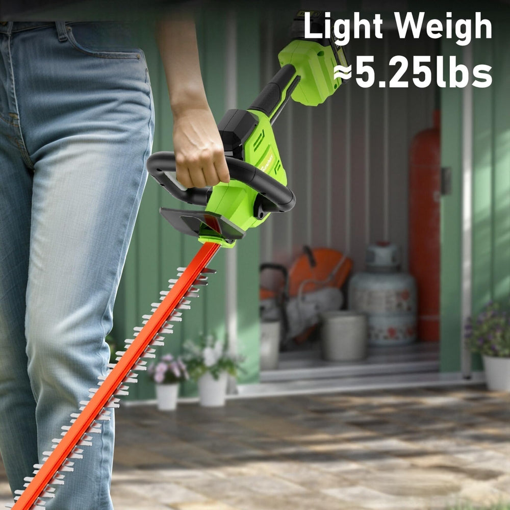 Sunchers hedge trimmer package contents including batteries and charger