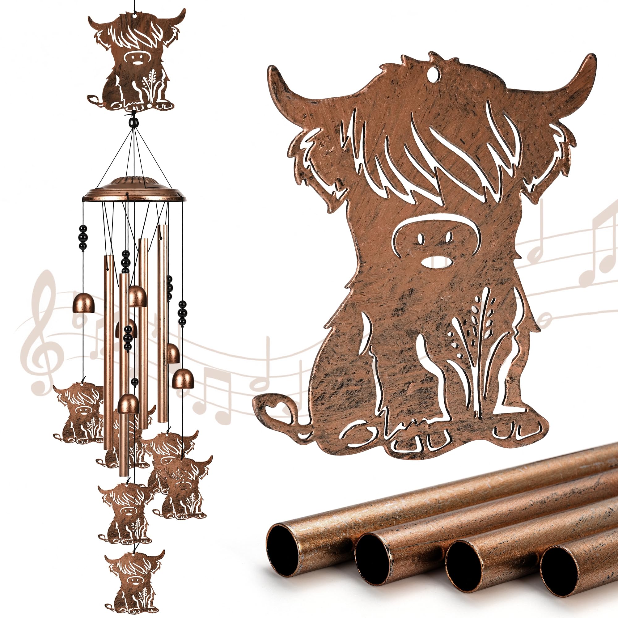 SUNCKET Highland Cow Wind Chime front view with antique bronze finish