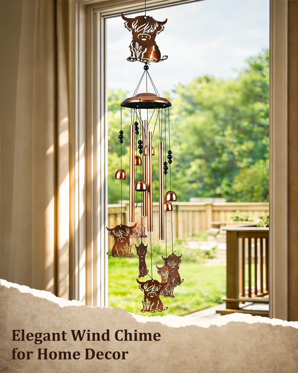 SUNCKET Highland Cow Wind Chime hanging in a garden setting
