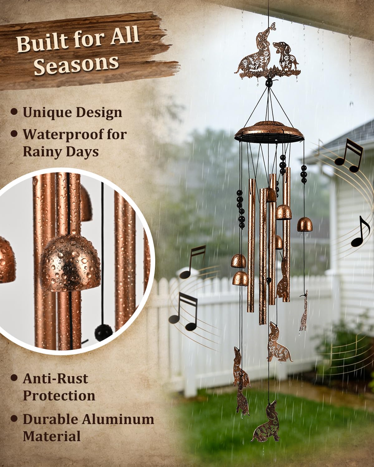 SUNCKET wind chimes hanging on a porch, showcasing outdoor decor