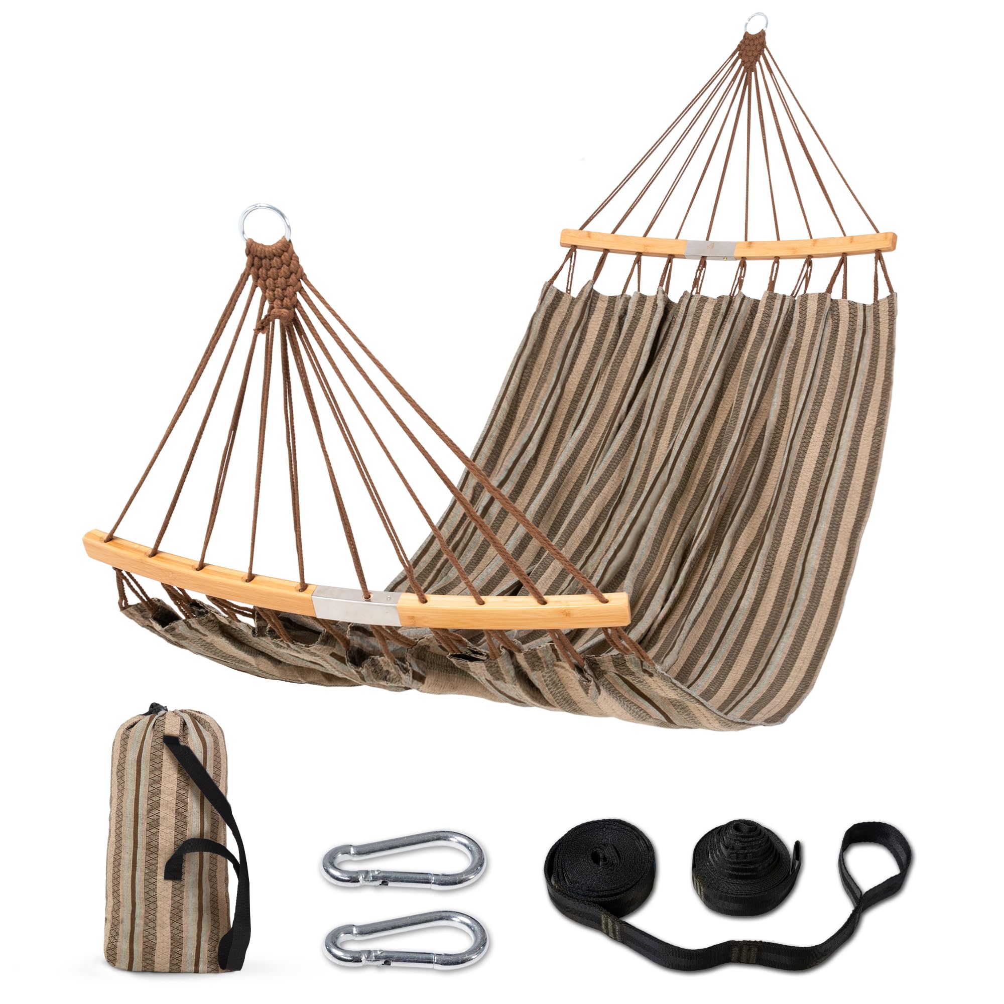 SUNCREAT Double Hammock with Curved Spreader Bar, Brown front view