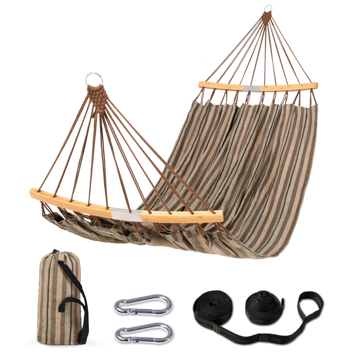 SUNCREAT Double Hammock with Curved Spreader Bar, Brown front view