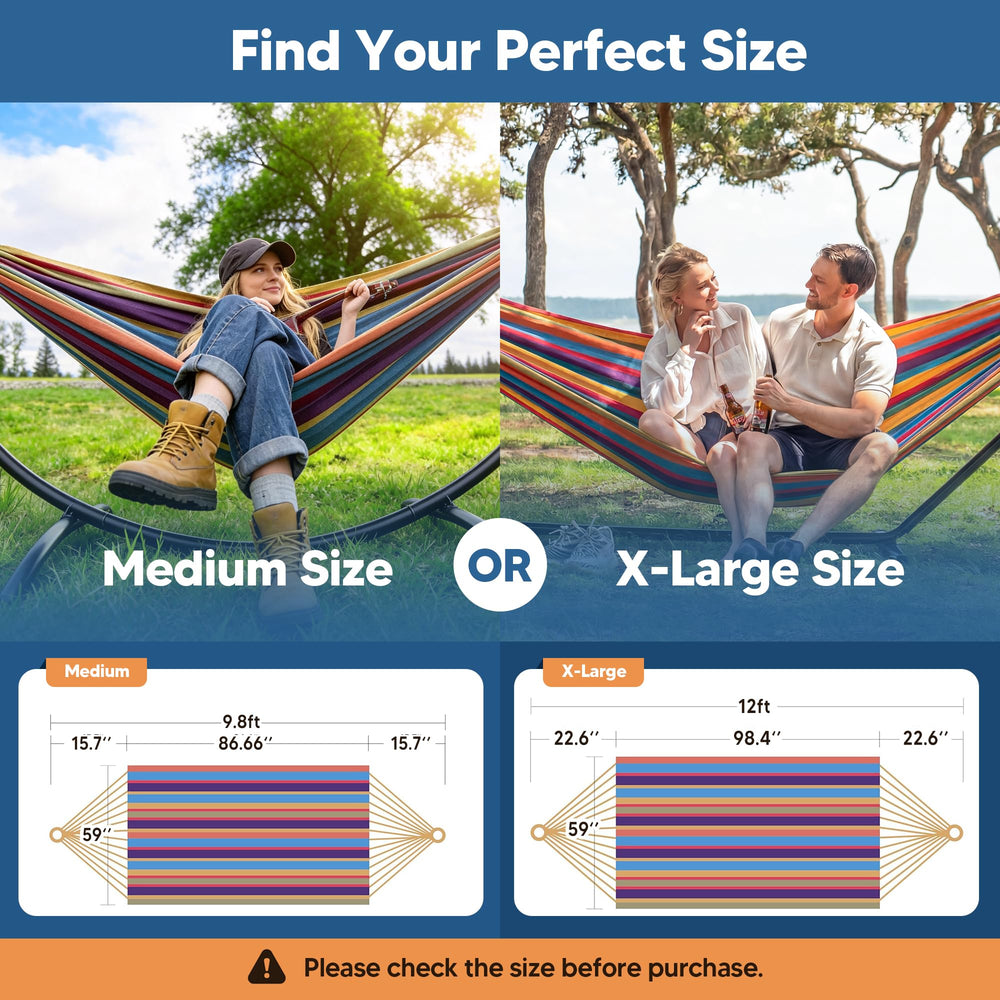 SUNCREAT hammock set up between two trees in a backyard