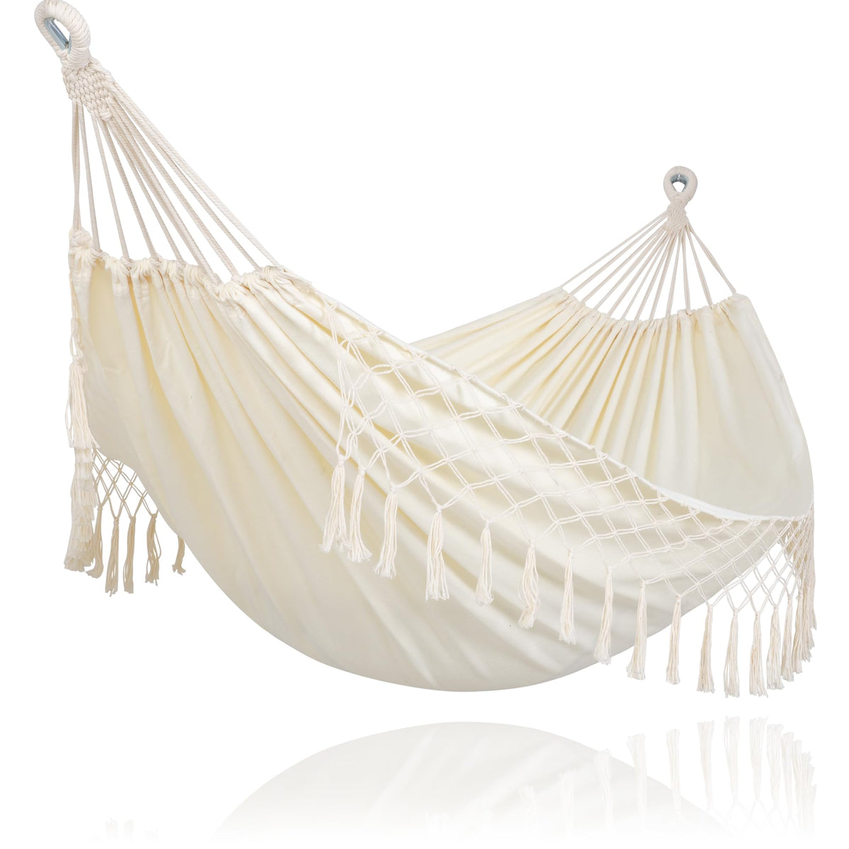 SUNCREAT Portable Camping Hammock in beige with tassels, front view