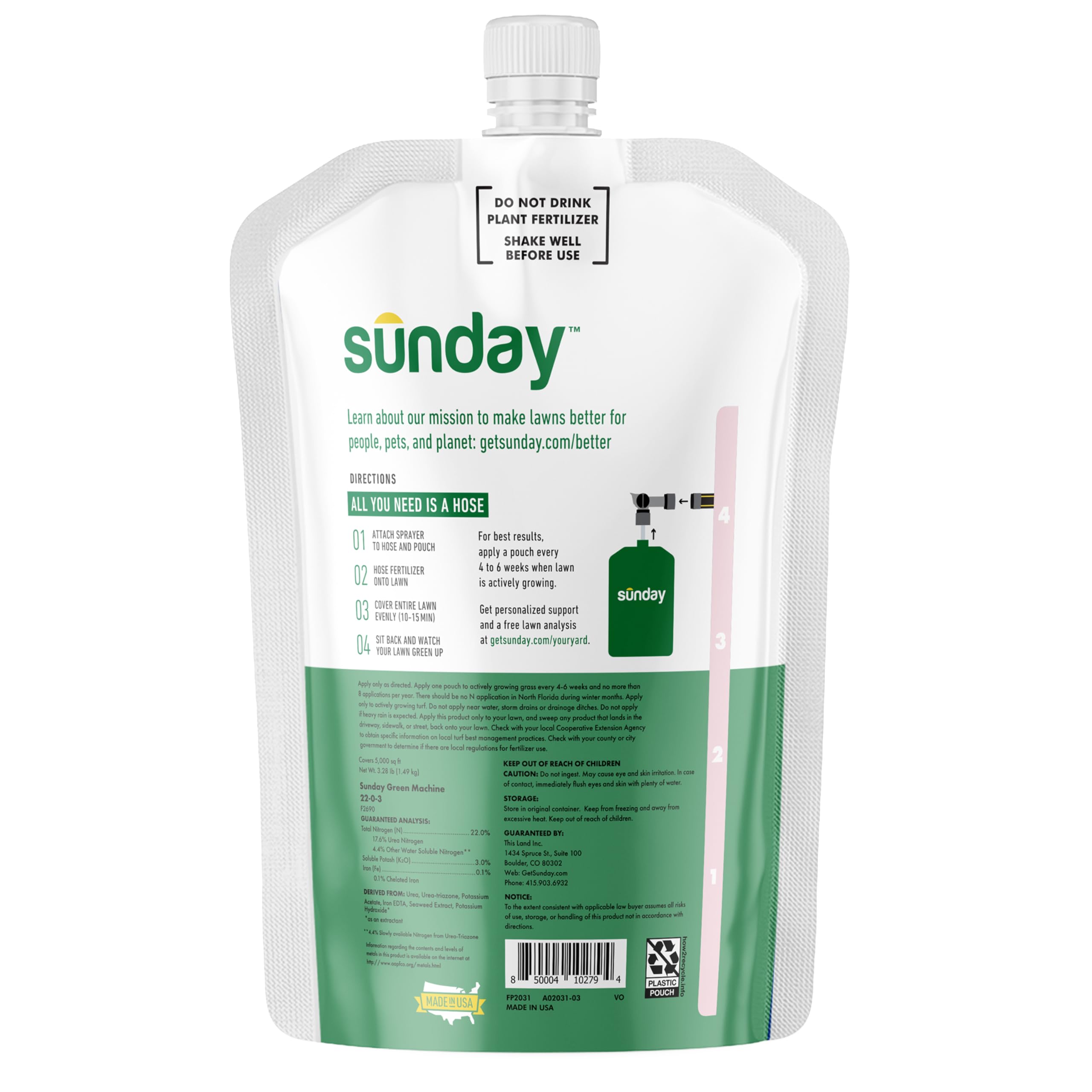 SUNDAY Lawn Fertilizer packaging with nutrient details