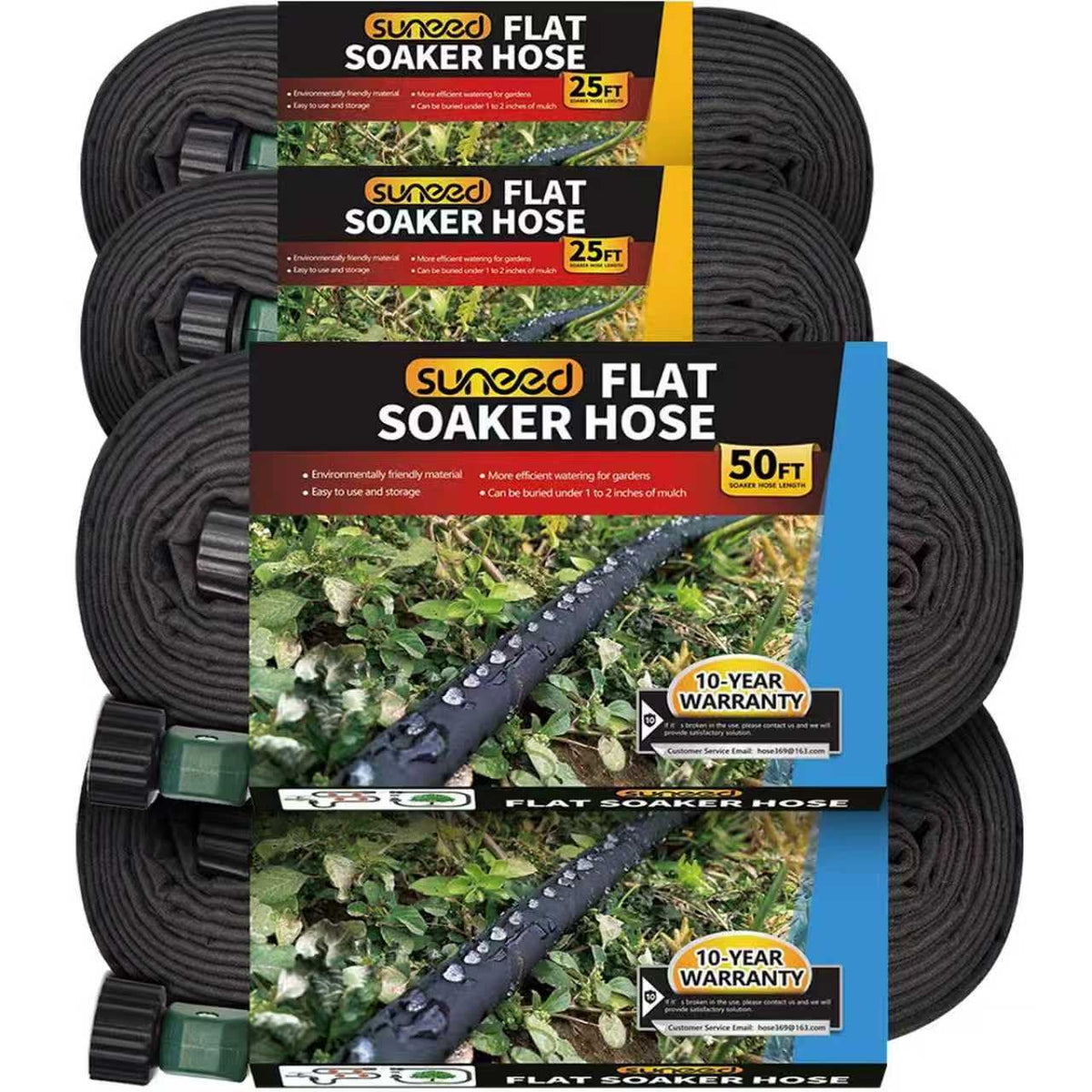 Suneed Flat Soaker Hose 50 ft and 25 ft pack front view