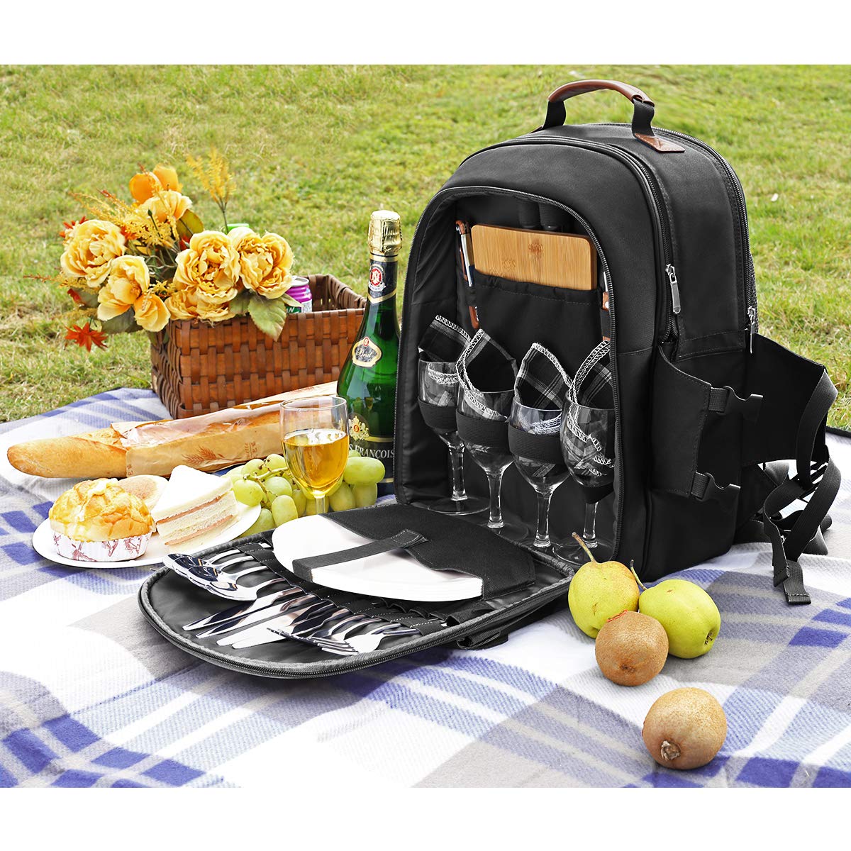 Sunflora picnic backpack with melamine plates and cutlery
