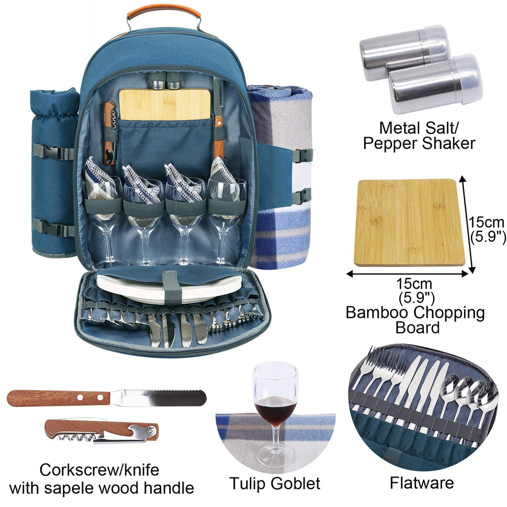 Sunflora Picnic Backpack with melamine plates and wine glasses