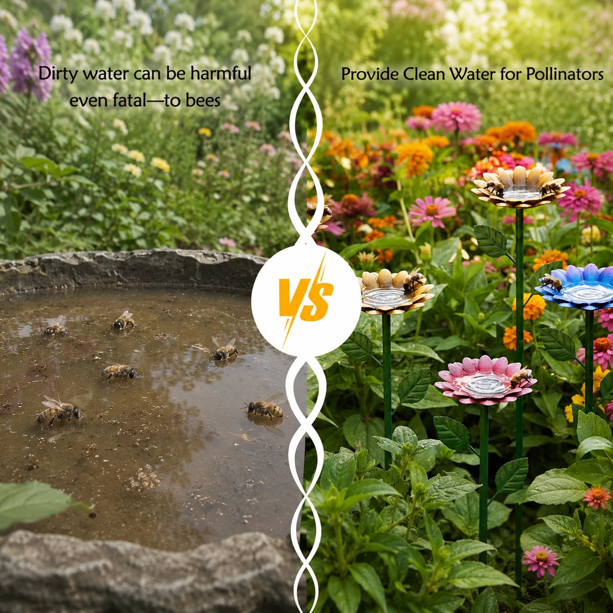 Sunflower bee watering station surrounded by flowers in a backyard
