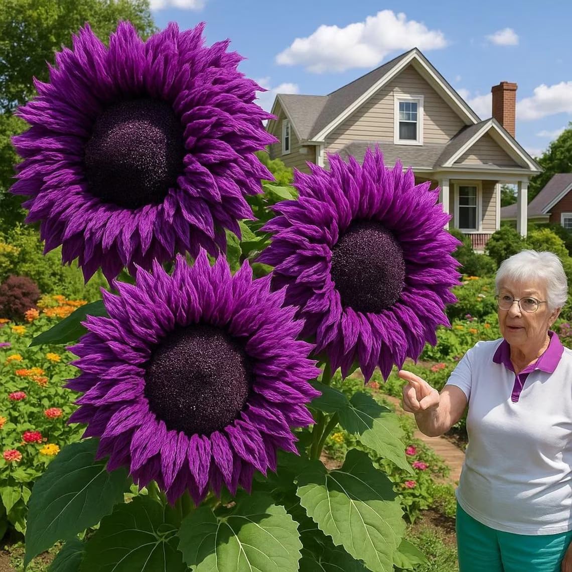 Sunflowers blooming in a garden with a pollinator