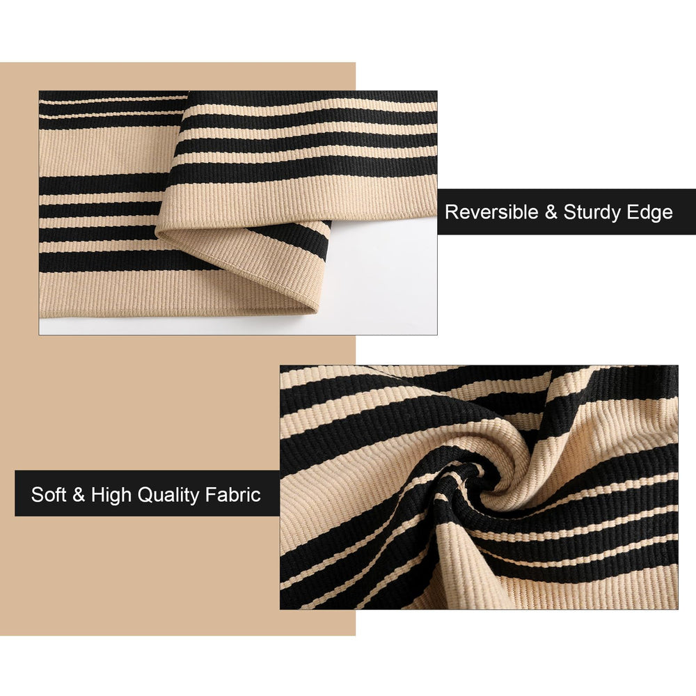 Sungea Striped Outdoor Rug 4x6ft displayed in a garden setting