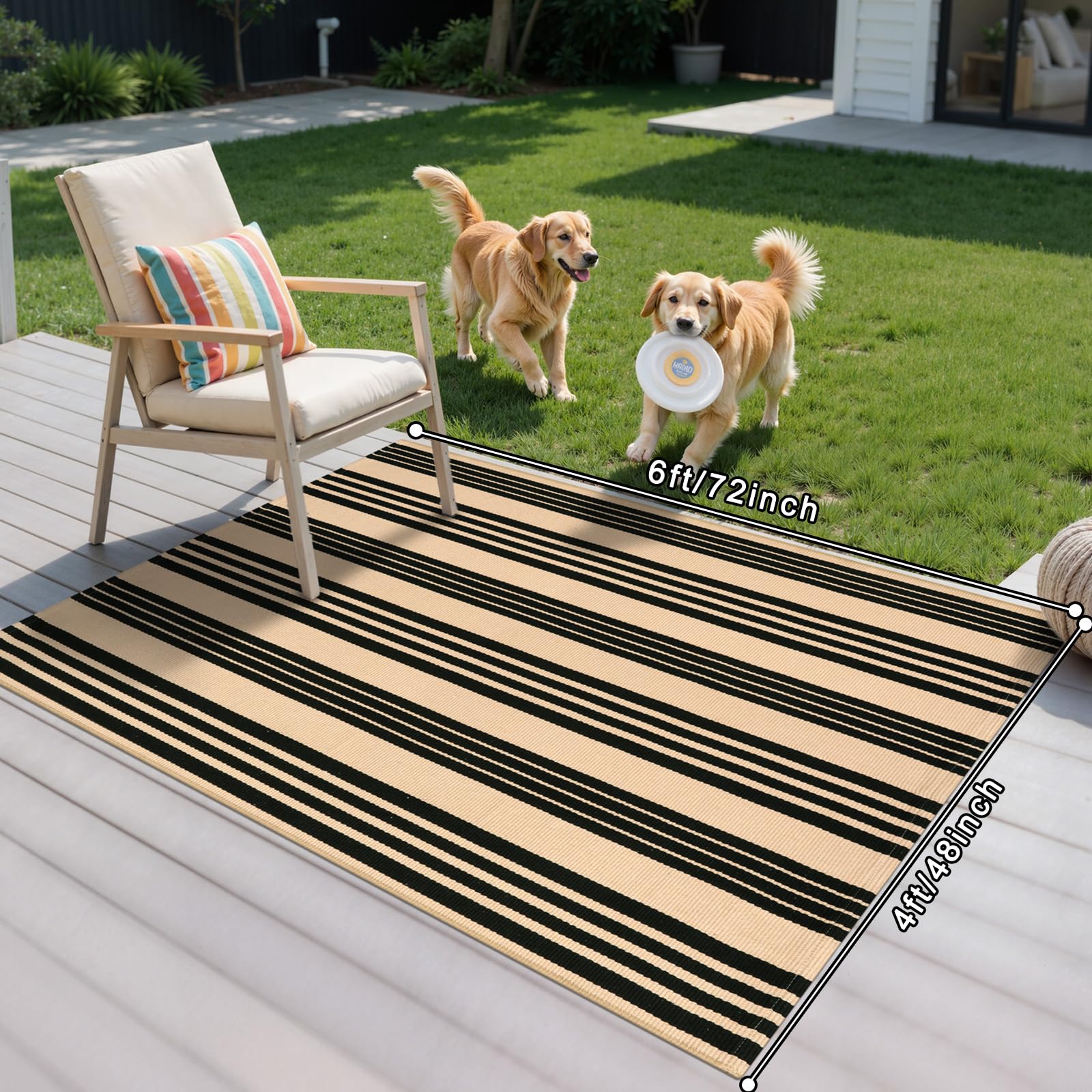 Sungea Striped Outdoor Rug 4x6ft in tan and black colour on patio