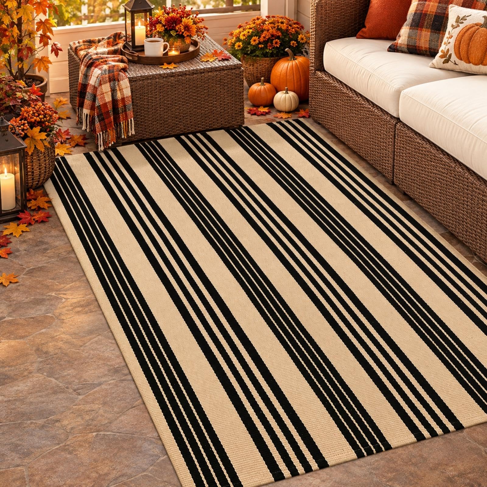 Sungea Striped Outdoor Rug in use at a camping site