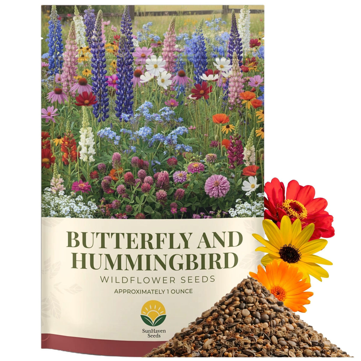 SunHaven Seeds Butterfly and Hummingbird Wildflower Mix packet front view