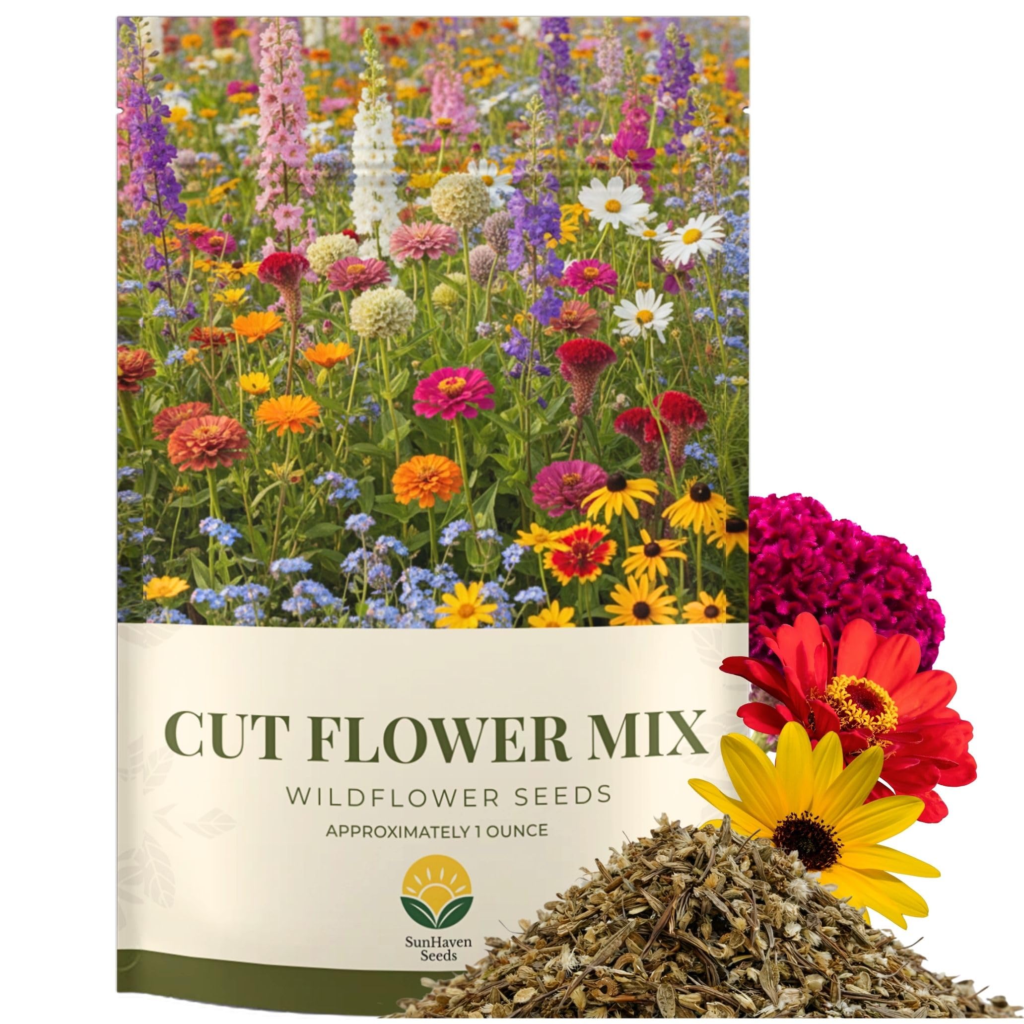 SunHaven Seeds Cut Flower Seed Mix packet front view with colourful flowers