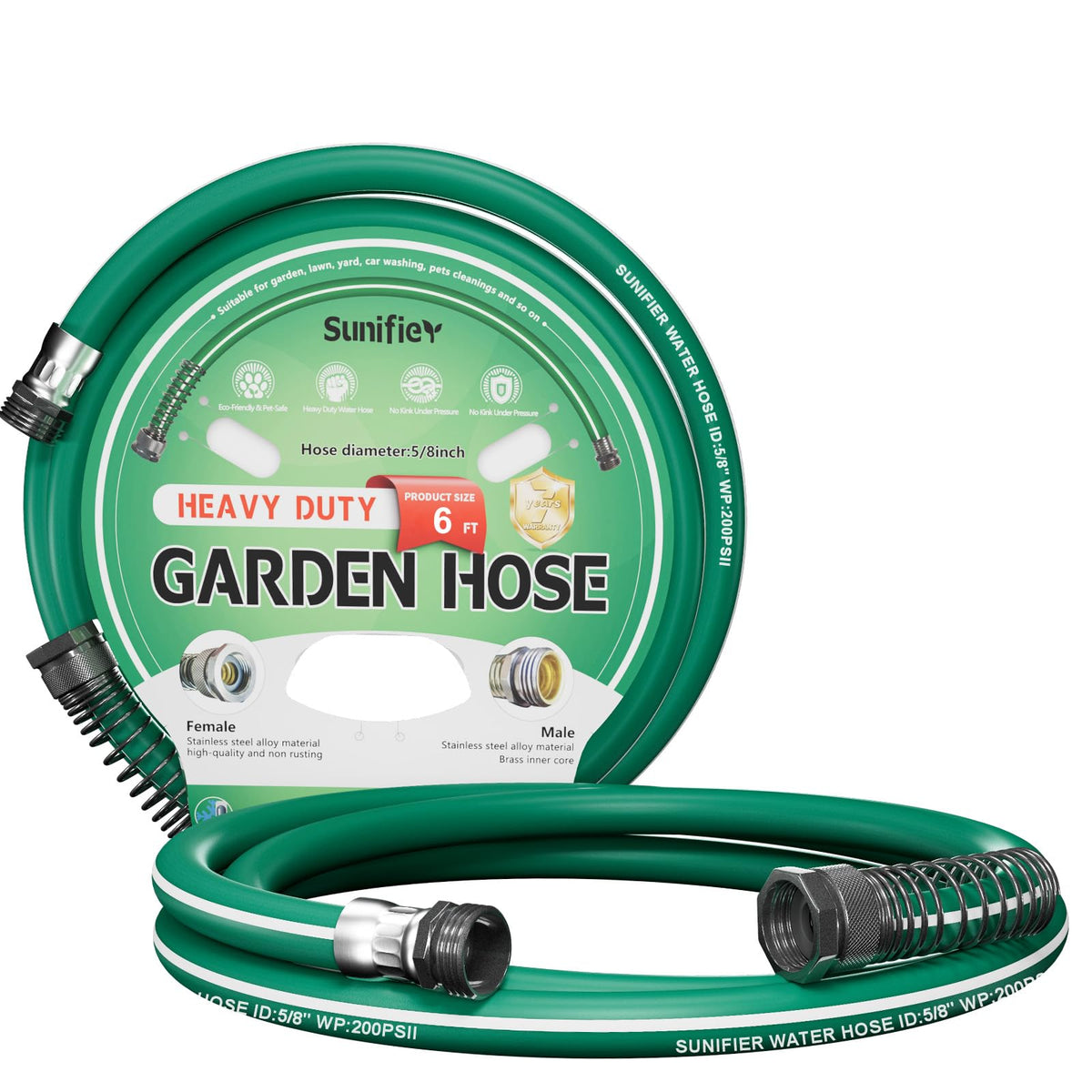 Sunifier Short Garden Hose 6ft green model with hose fittings