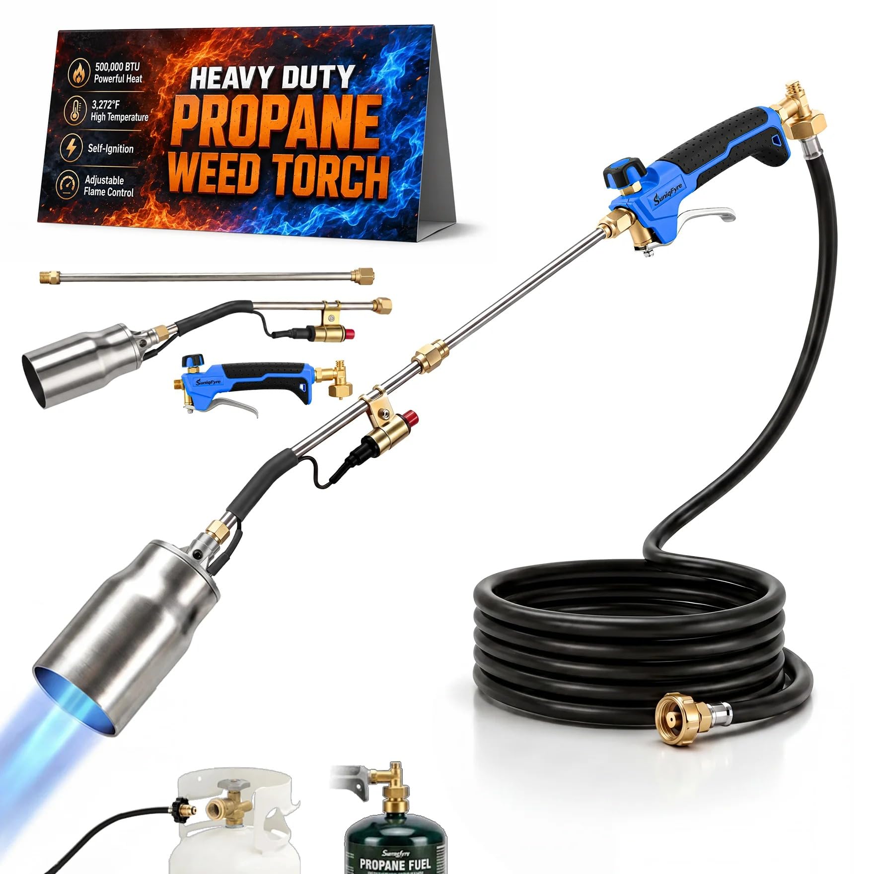SuniqFyre propane torch weed burner front view with 500,000 BTU
