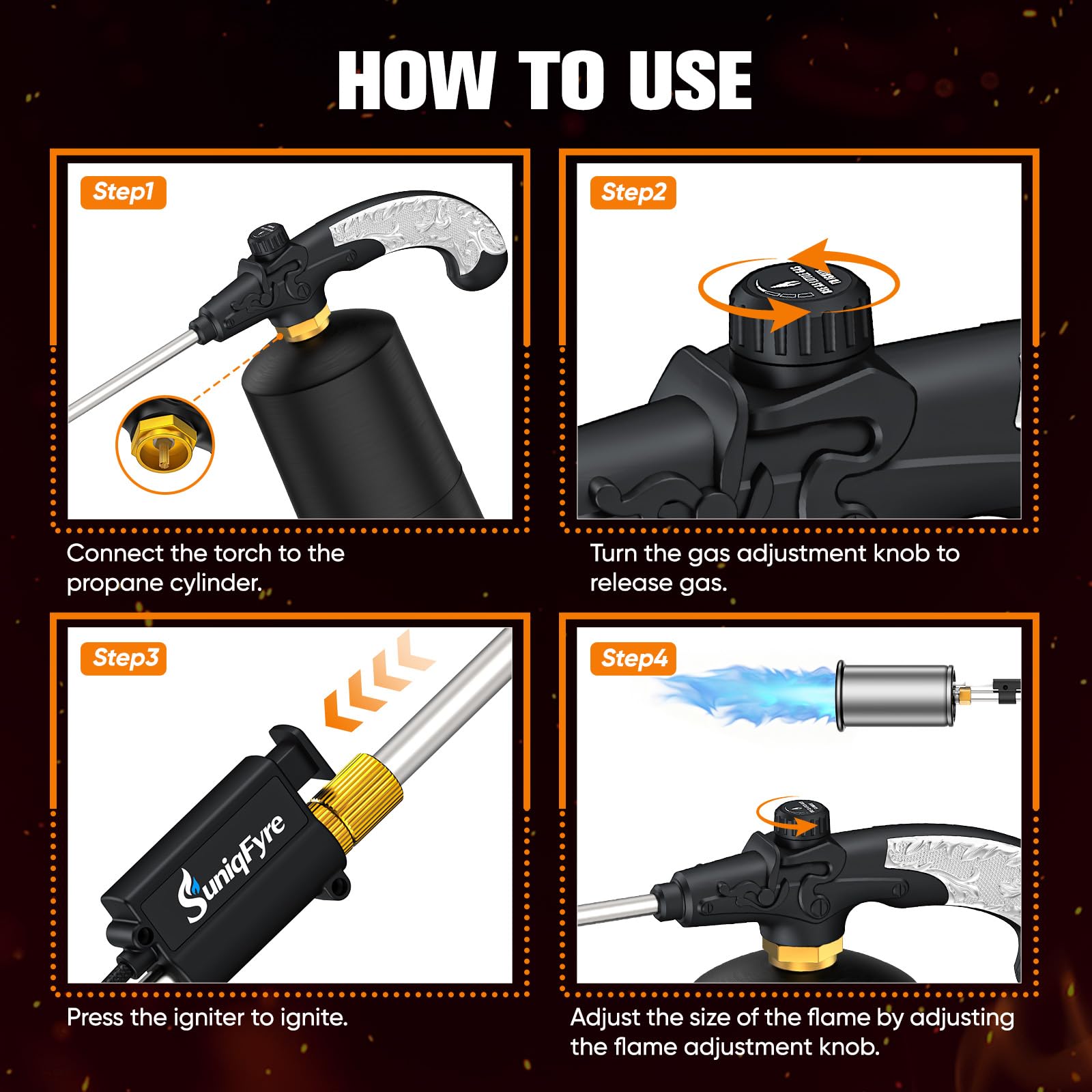 SuniqFyre Propane Torch Weed Burner manual and packaging