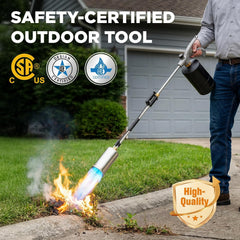 SuniqFyre Weed Torch in use targeting weeds in a garden