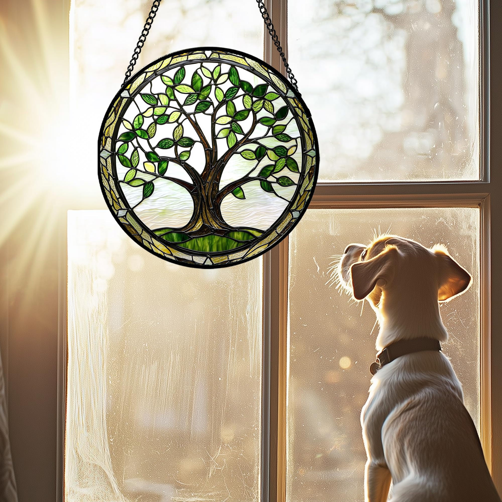 Sunlight filtering through AMDERVEN Green Tree of Life Suncatcher