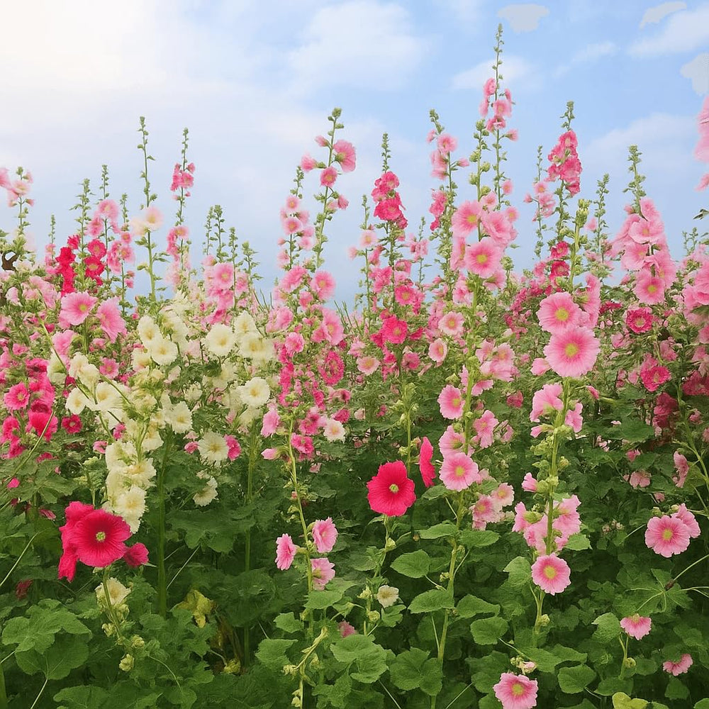Sunny garden with blooming hollyhock flowers