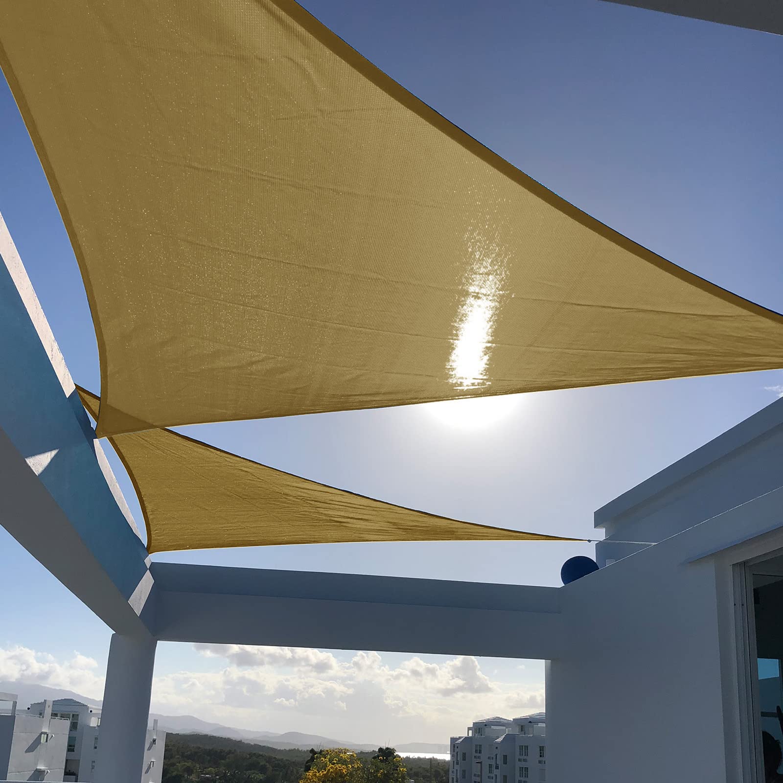 SUNNY GUARD 20' Triangle Shade Sail in Sand colour, front view