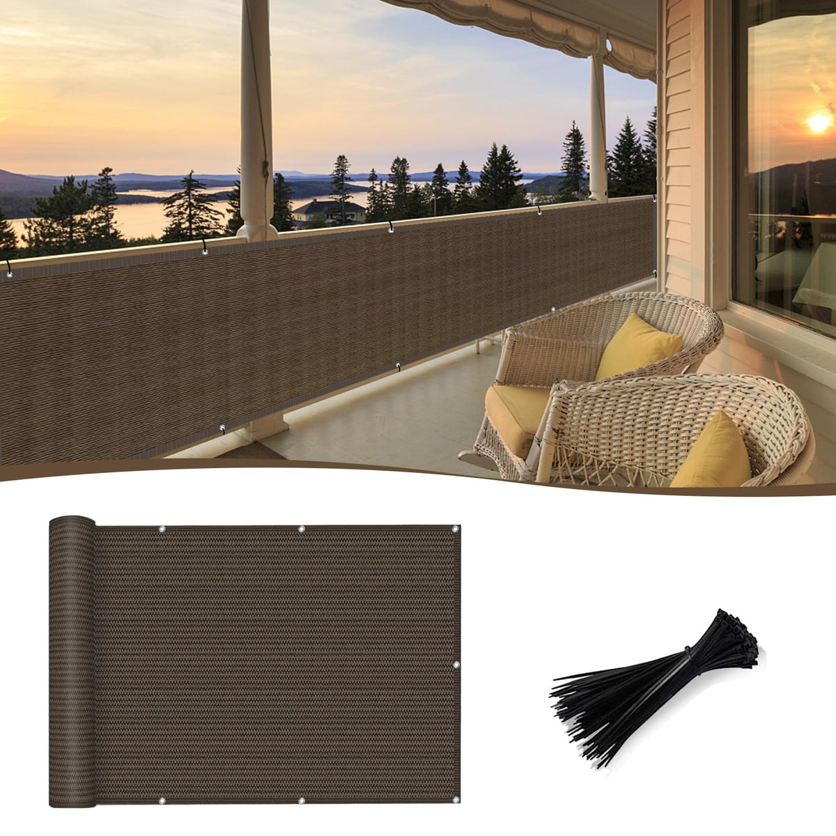 SUNNY GUARD 3' x 10' balcony privacy screen, brown front view