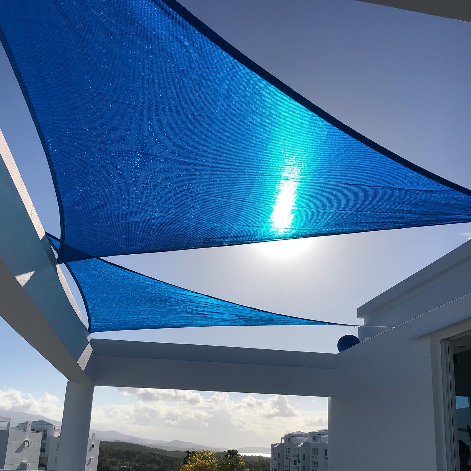 SUNNY GUARD Triangle Shade Sail 20' x 20' x 20' blue front view