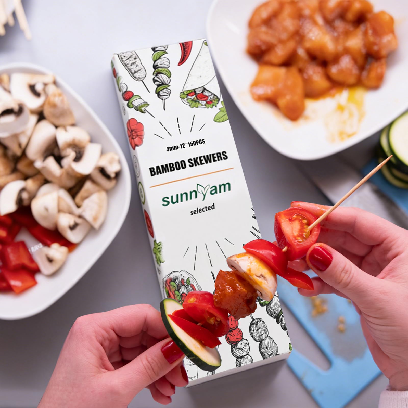 Sunnyam bamboo skewers next to grilling accessories